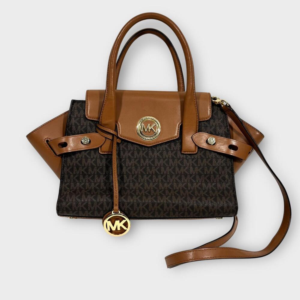 MK Michael Kors Carmen Small Logo and Leather Belted Satchel Handbag Brown